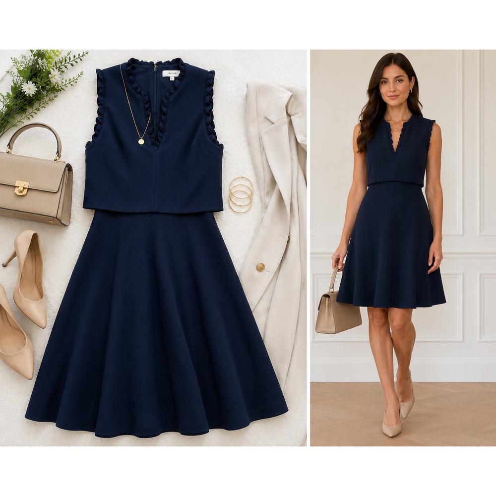 REISS Braida Navy Blue Ruffle Trim Sleeveless Fit & Flare Mini Dress USA 4
